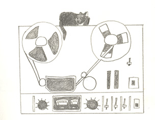 a cat sitting on a reel to reel player